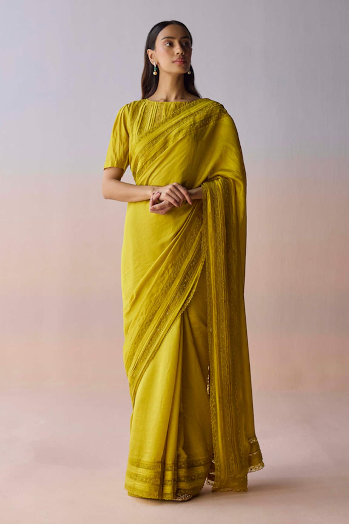 Surmaye Whispering Ivy Embroidered Yellow Saree