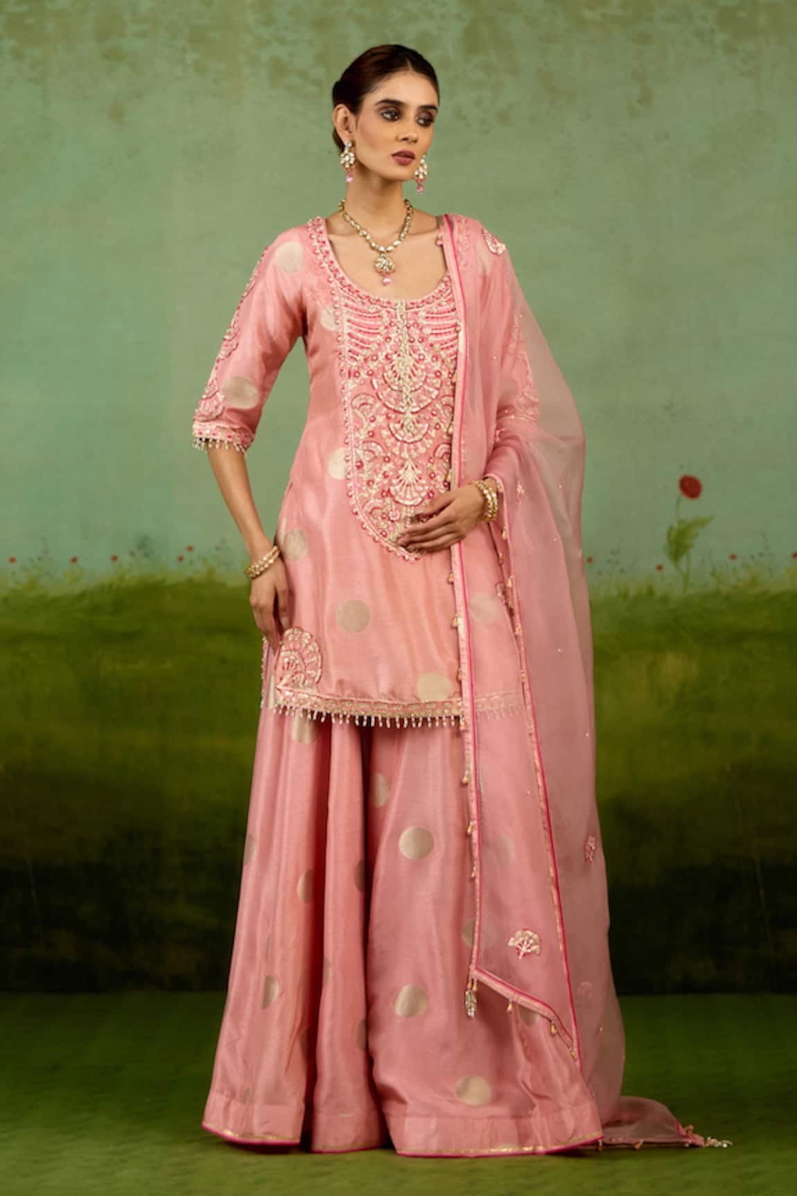 Shyam Narayan Prasad Coral Pink Embroidered Kurta Sharara Set