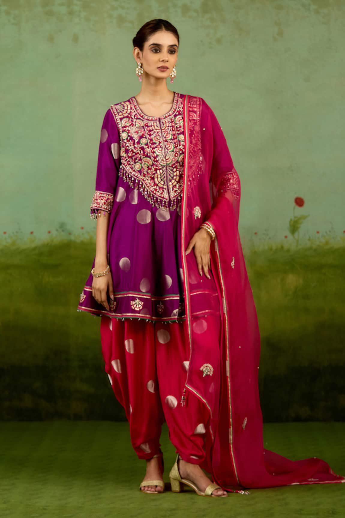 Shyam Narayan Prasad Purple Pink Embroidered Top Dhoti Pant Set 