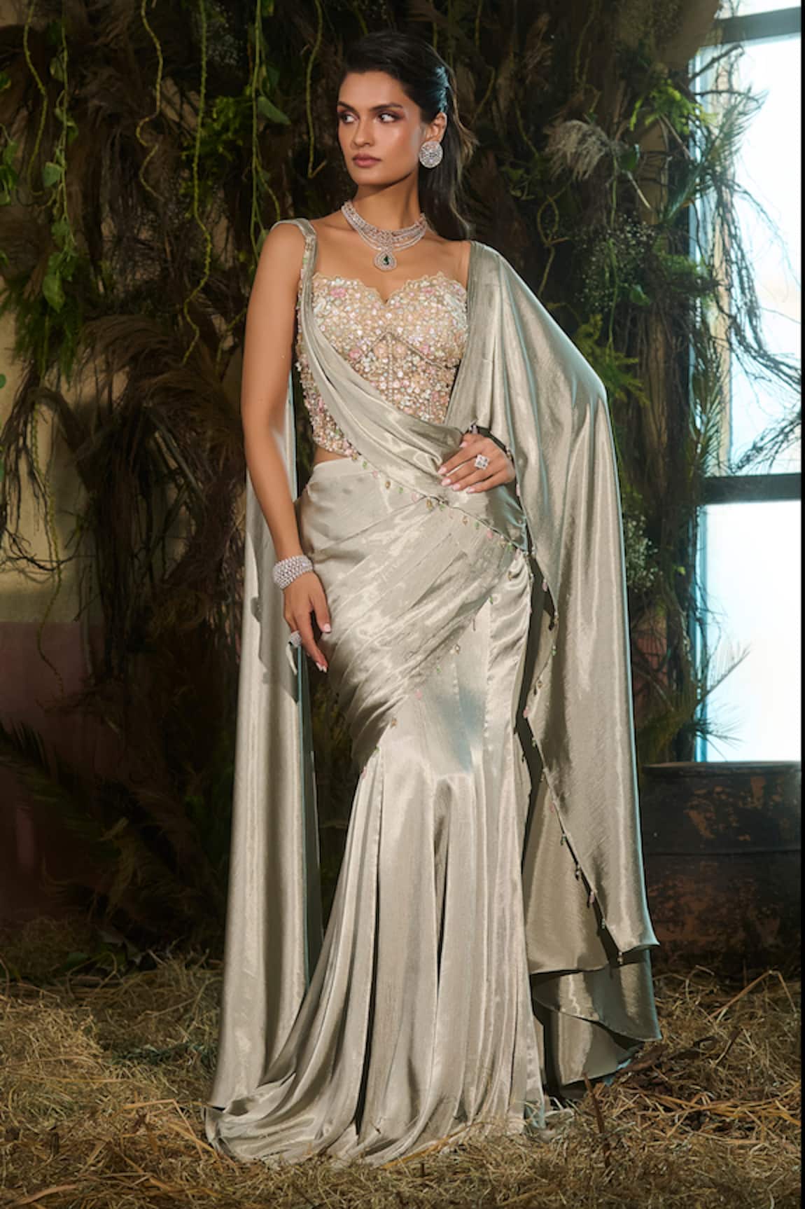 Shashank Arya Floral Embroidered Corset With Pre-Draped Saree 