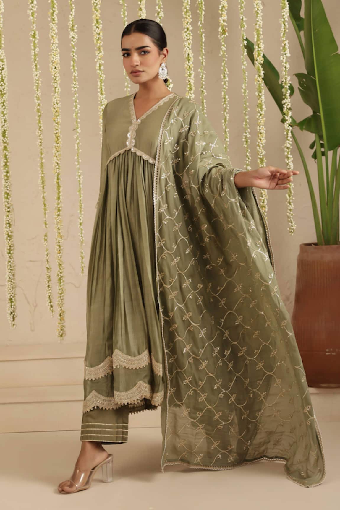 Gulabik Jaipur Moss Green Embroidered Anarkali Set 