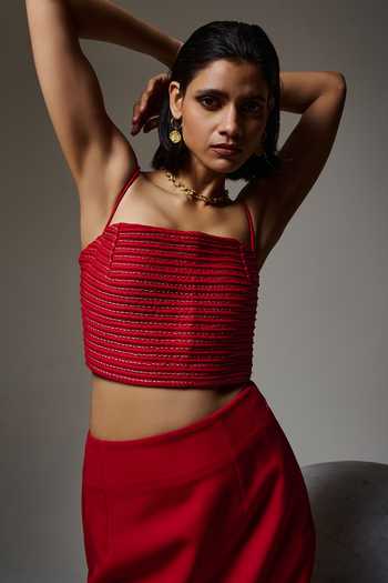 Buy Red Crepe Metallic Thread Square Neck Structured Rhythm Crop