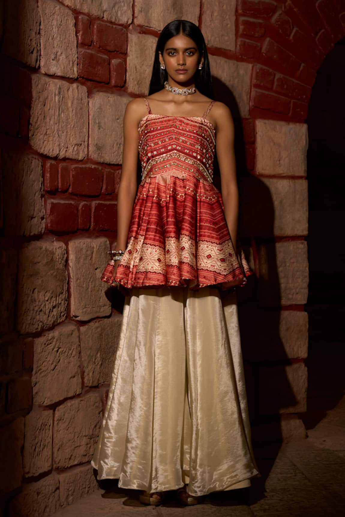 Saangi Scarlet Peplum Kurta With Flared Sharara