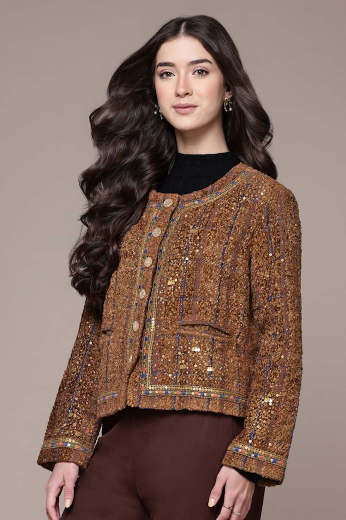 Ritu Kumar Arianna Solid Sequin Embroidered Silk Boucle Jacket 