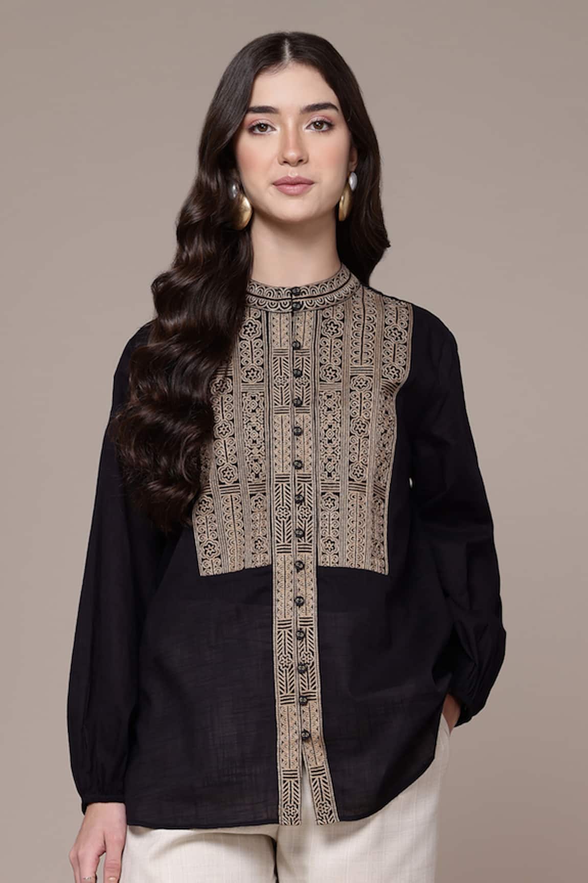 Ritu Kumar Aztec Embroidered Band Collar Full Sleeve Top 