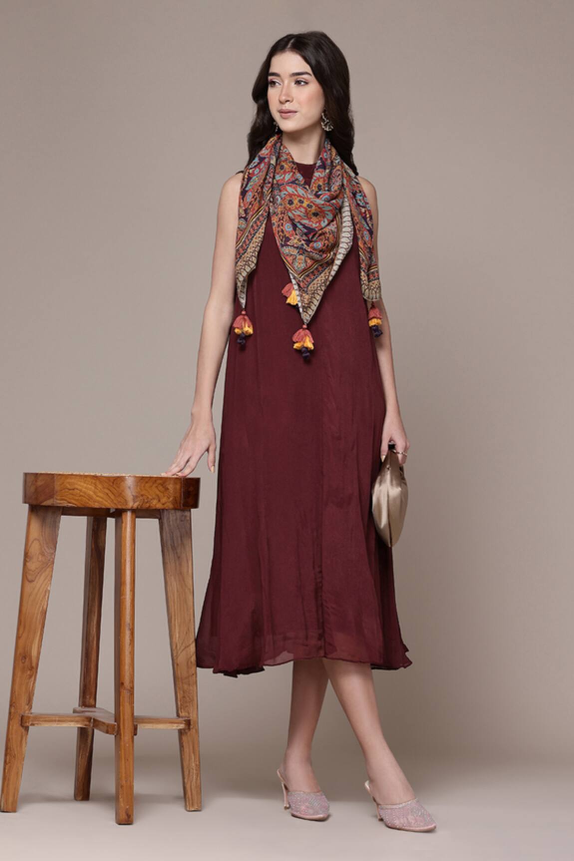 Ritu Kumar Cascade Solid Solid Halter Neck Dress With Scarf 