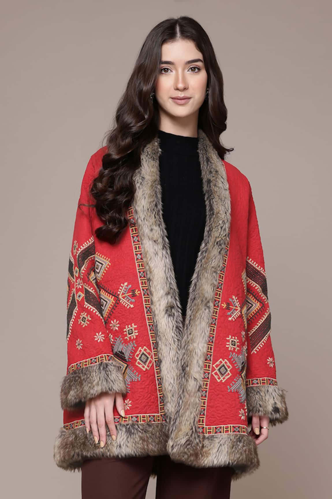 Ritu Kumar Dari Emb Quilted Jacket With Faux Fur Trim 