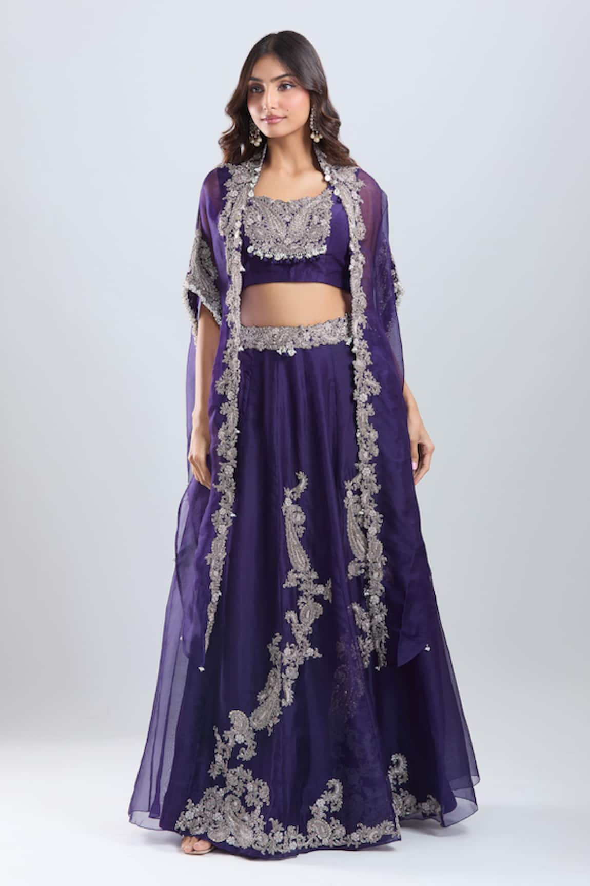 Prisho Dark Purple Embroidered Cape Skirt Set