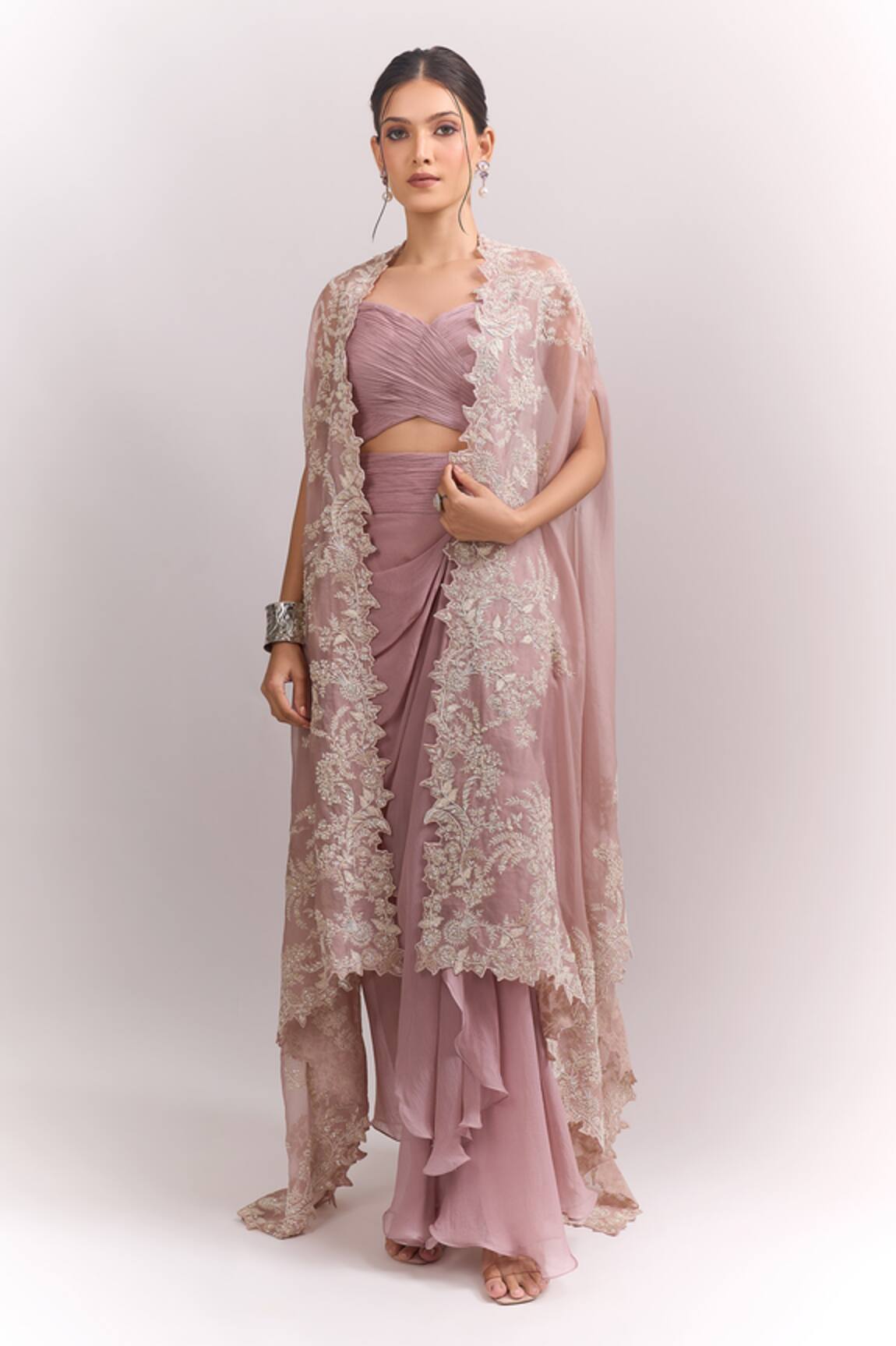 Anushree Reddy Embroidered Cape Draped Skirt Set 
