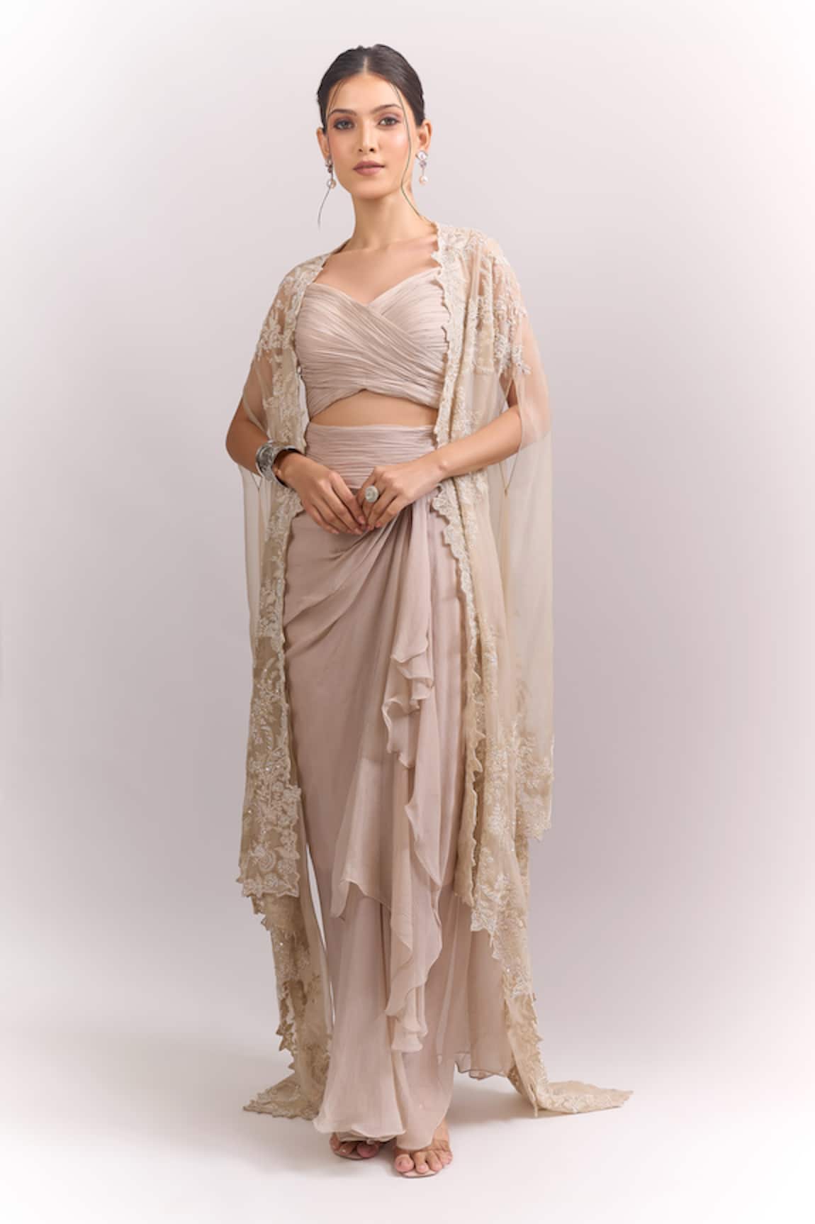 Anushree Reddy Ivory Athena Embroidered Cape Skirt Set 