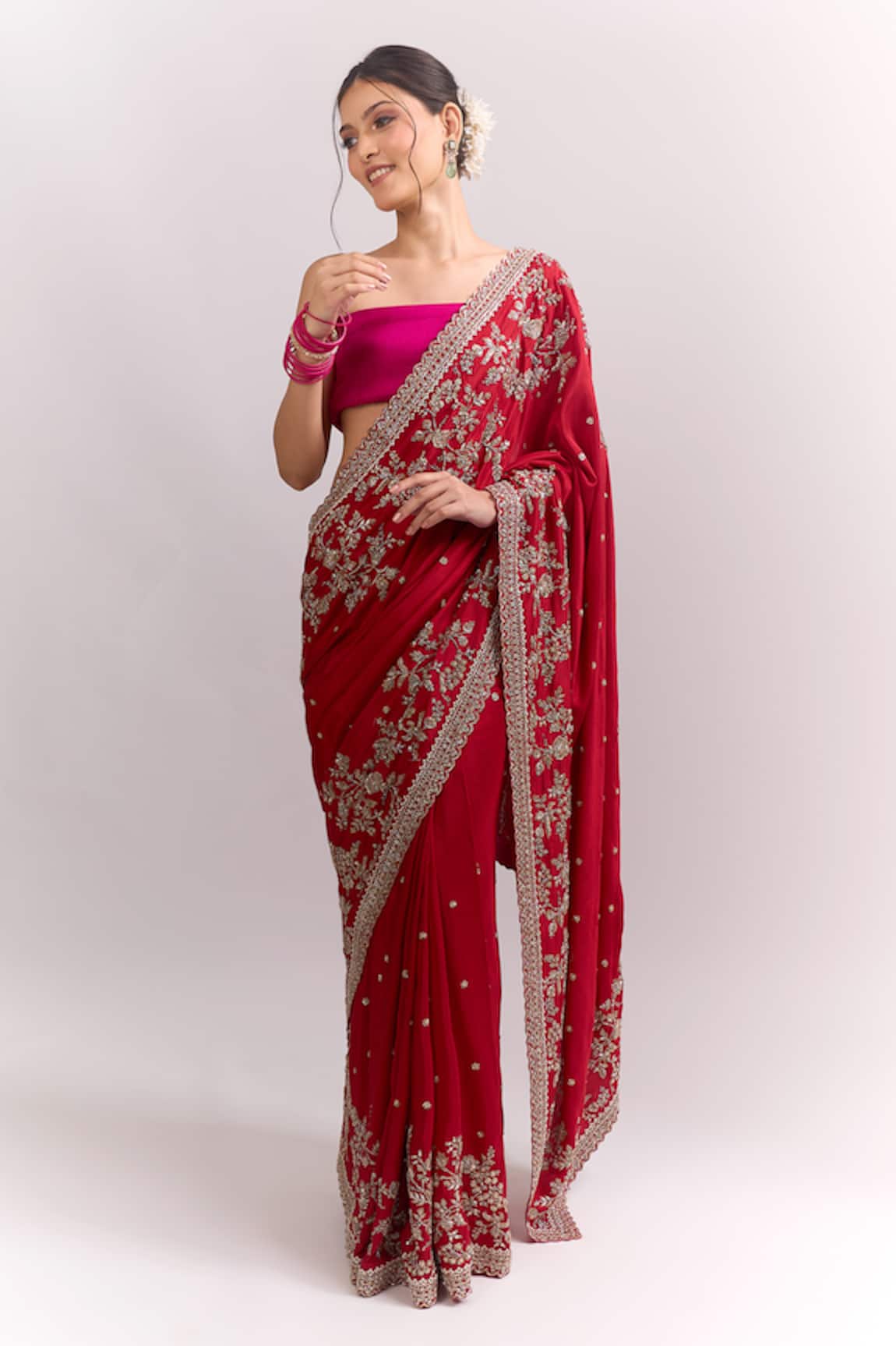Anushree Reddy Red Ahana Saree With Unstitched Blouse Piece 