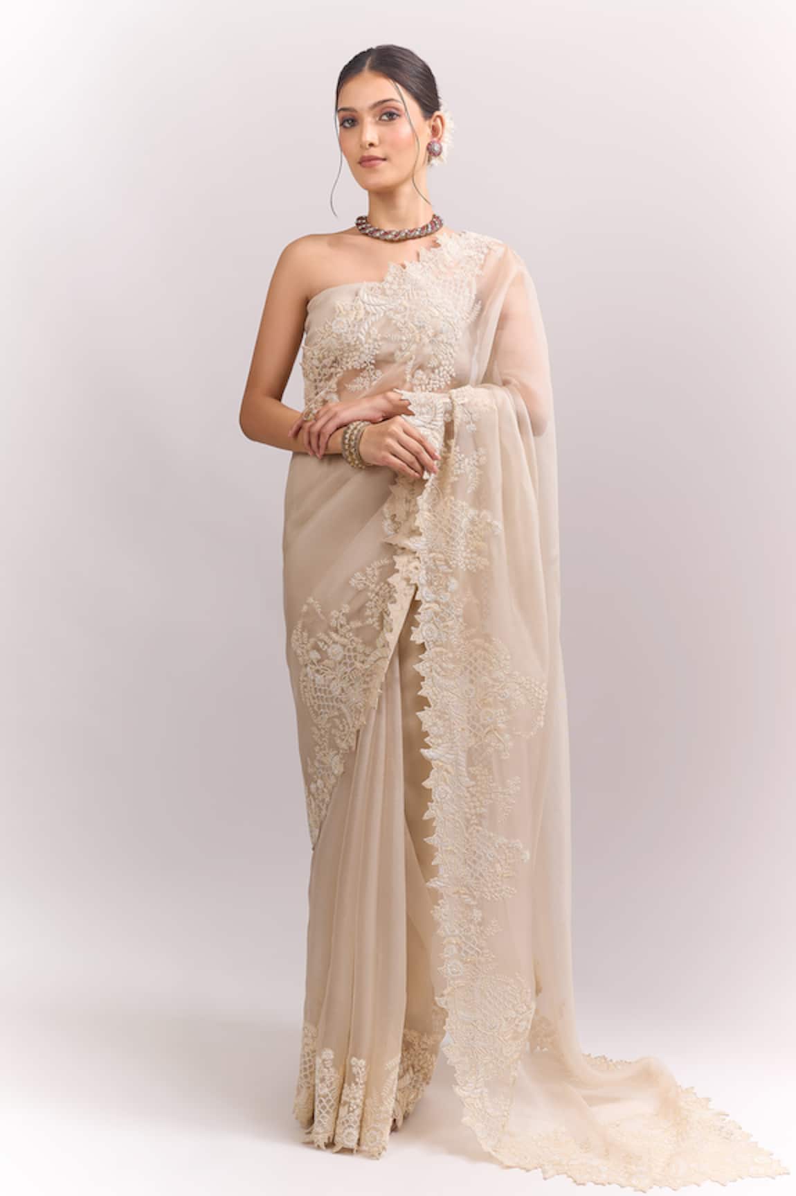 Anushree Reddy Ivory Athena Saree With Unstitched Blouse Piece