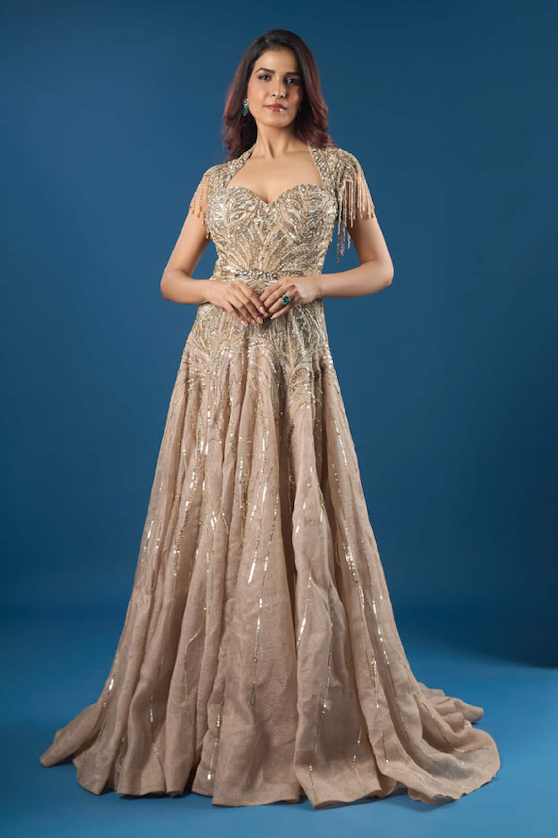 Azeera Champagne Embroidered Gown 