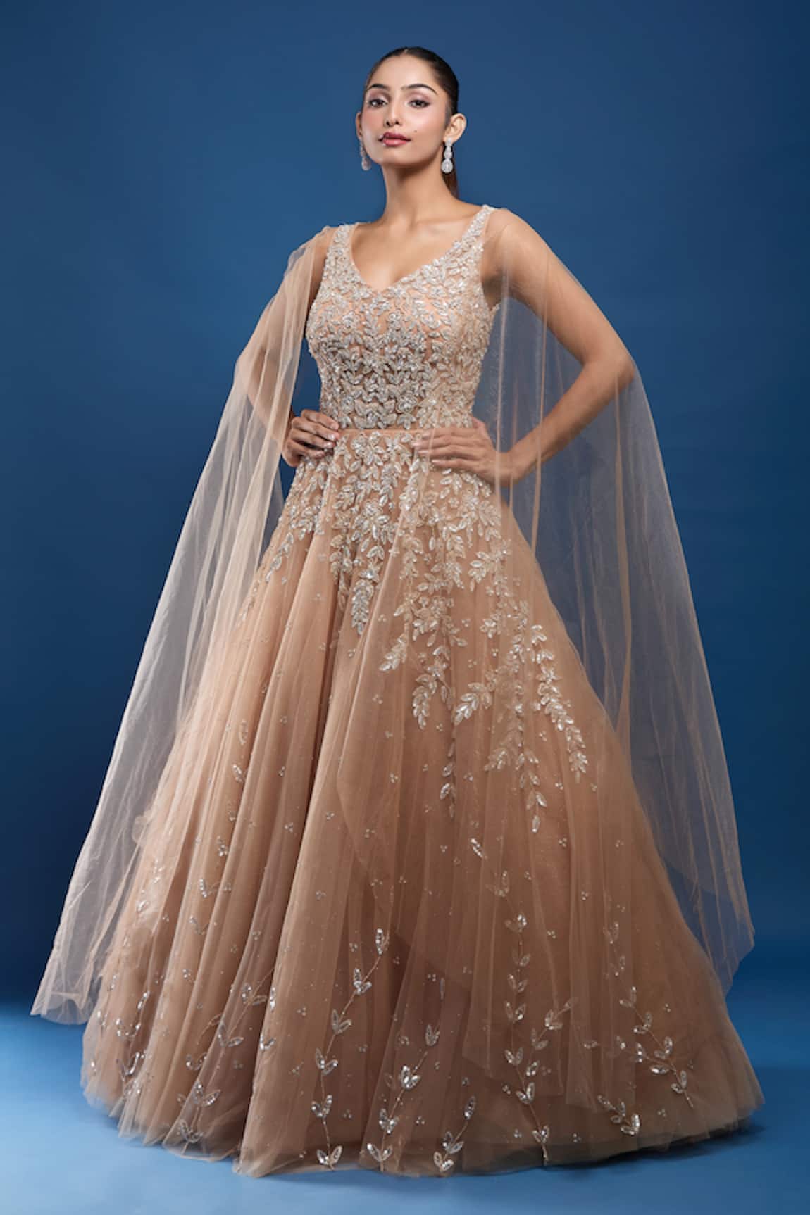 Samyukta Singhania Embroidered Net Gown With Attached Cape 