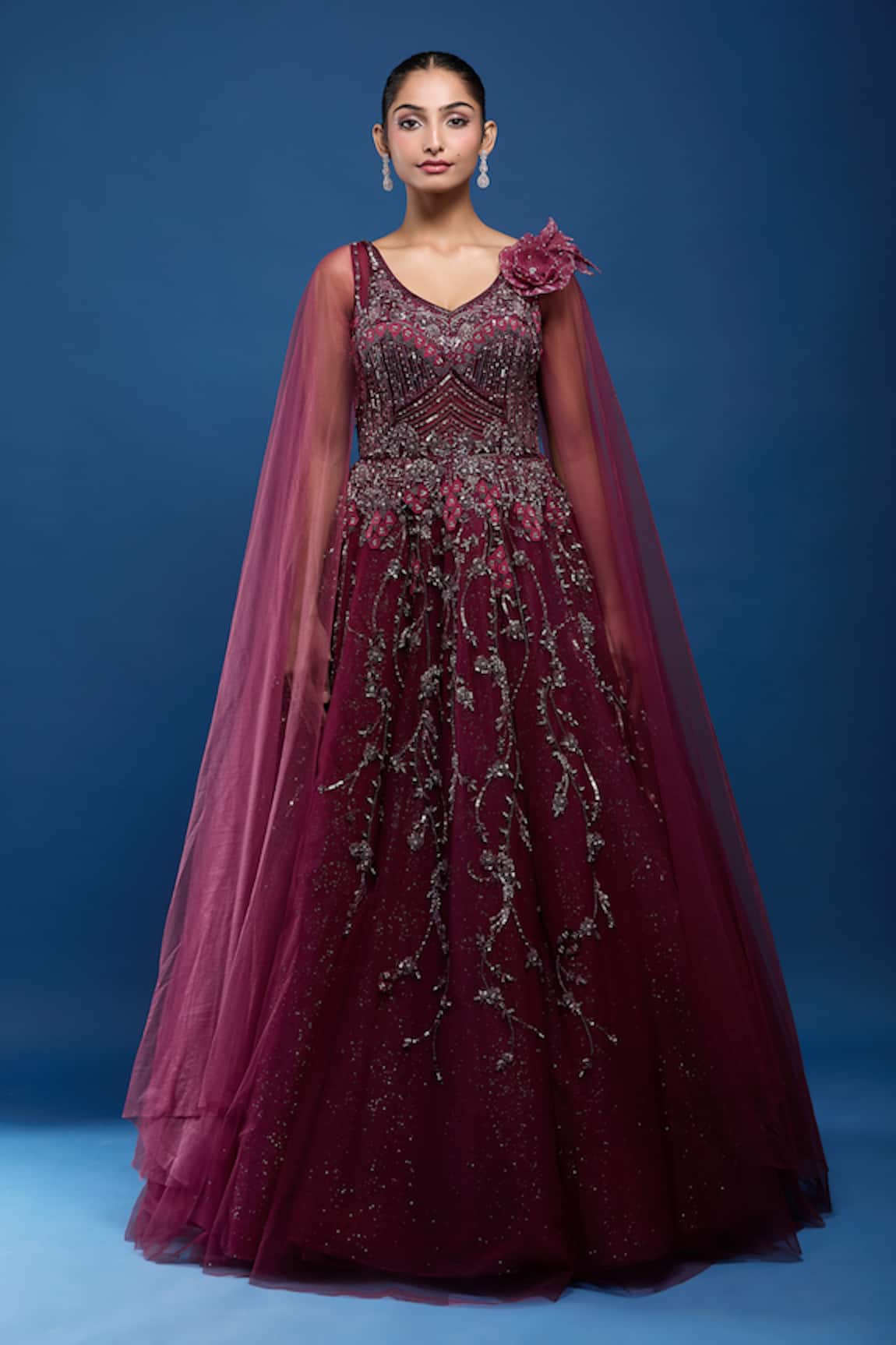 Samyukta Singhania Embellished Net Gown With Cape Sleeves 