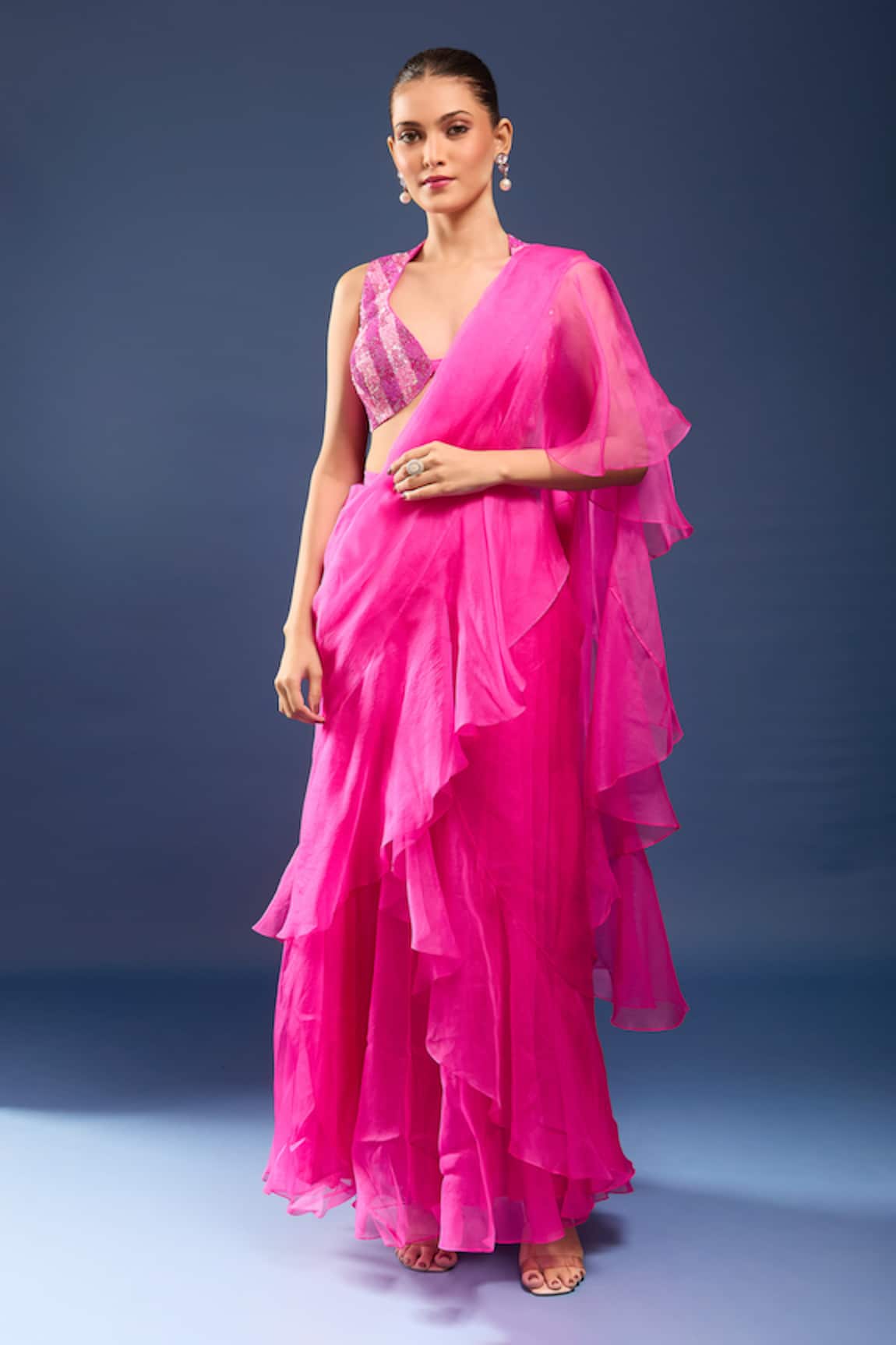 Archana Shah Pre-Draped Saree With Embroidered Bustier