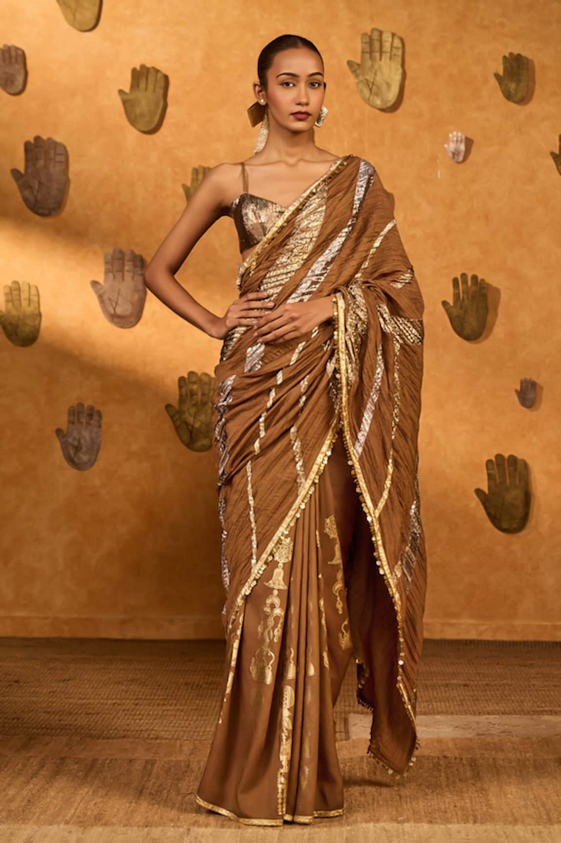 Masaba Mocha Lampi Totem Line Saree With Unstitched Blouse