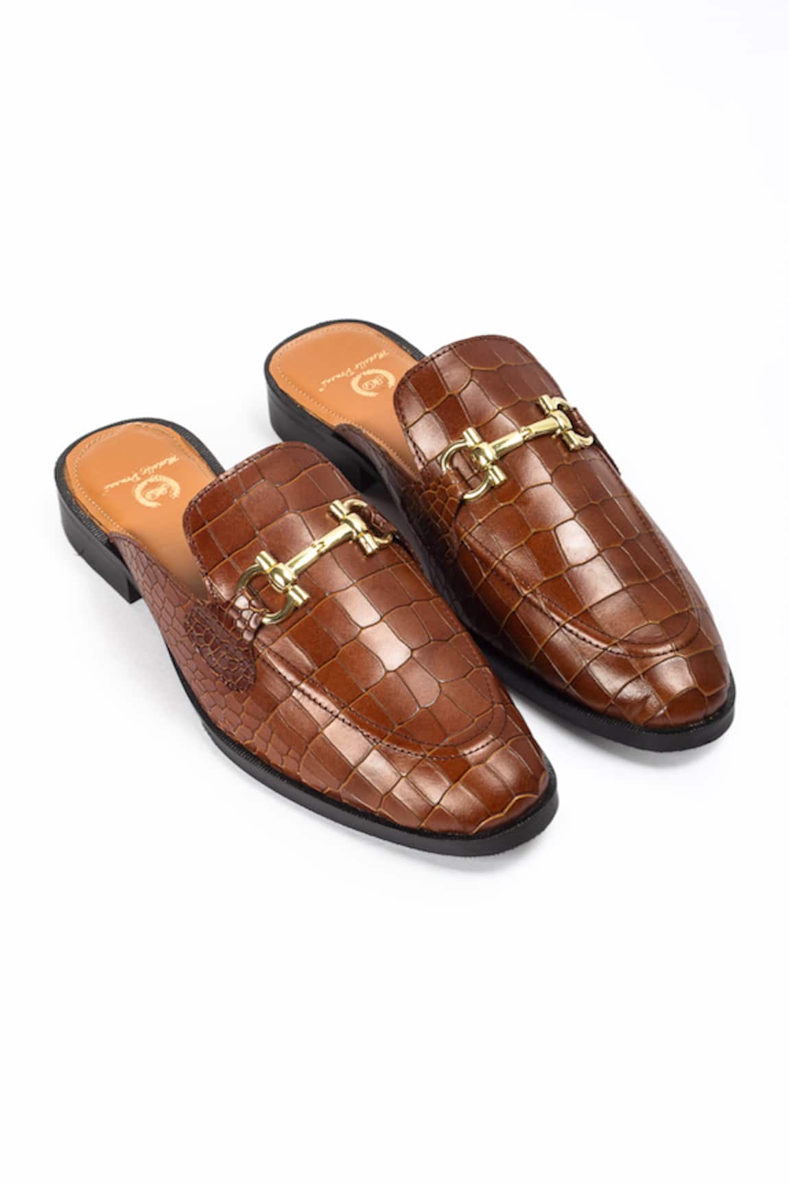 Domani Louis Croco Embossed Leather Buckle Mules 