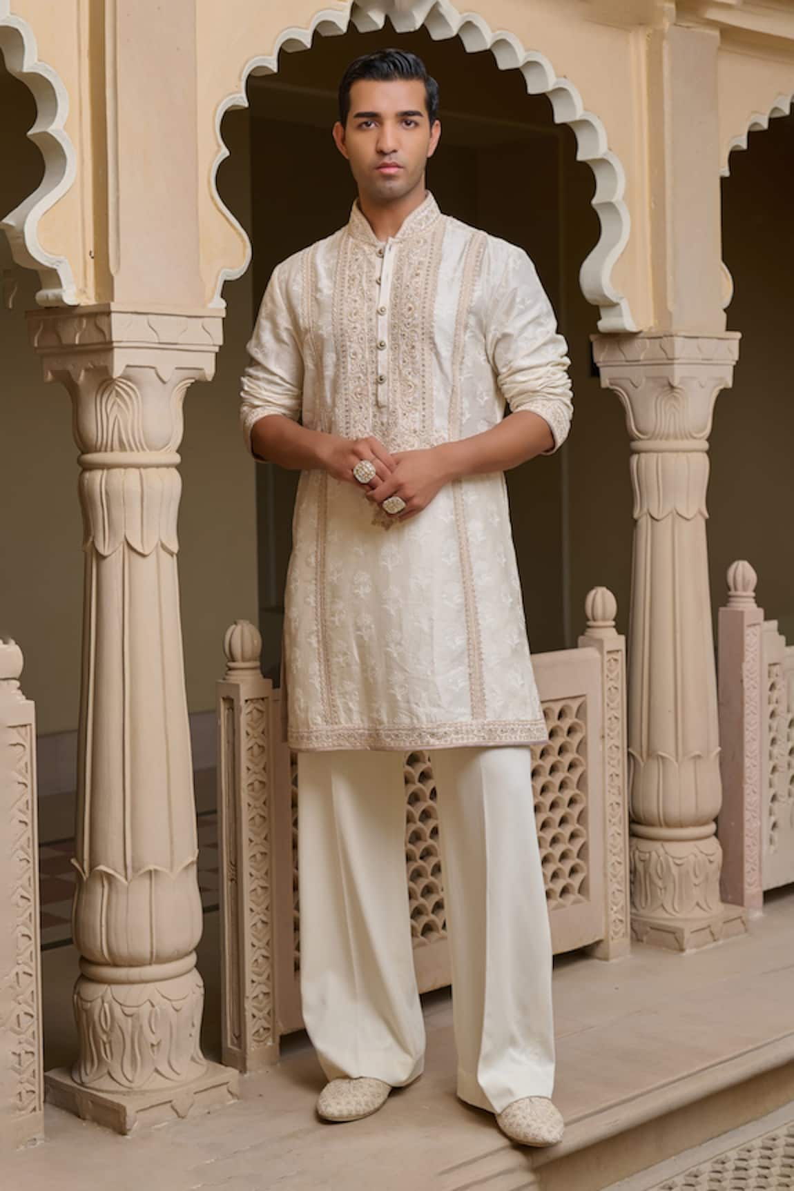 Tarun Tahiliani Textured Thread Embroidered Kurta & Flared Trouser Set