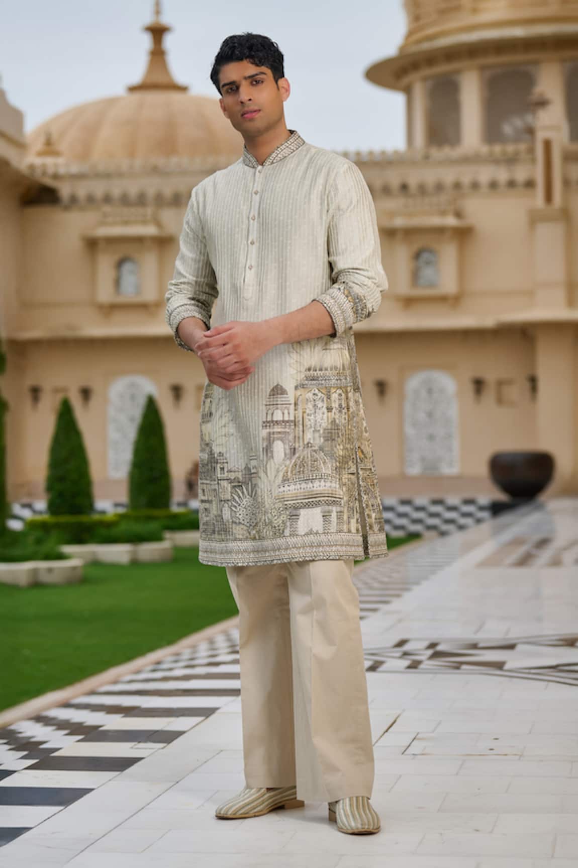 Tarun Tahiliani Pichwai Print Jacquard Kurta & Flared Trouser Set