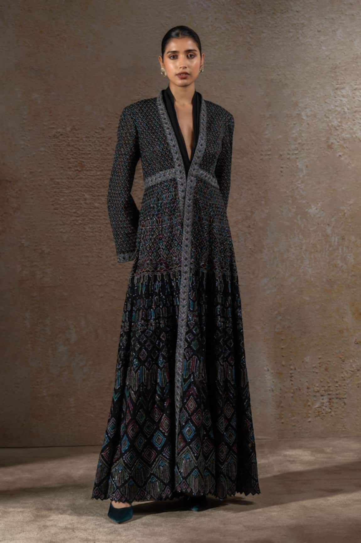 Tarun Tahiliani Mosaic Sequin Embroidered Jacket & Draped Dress Set