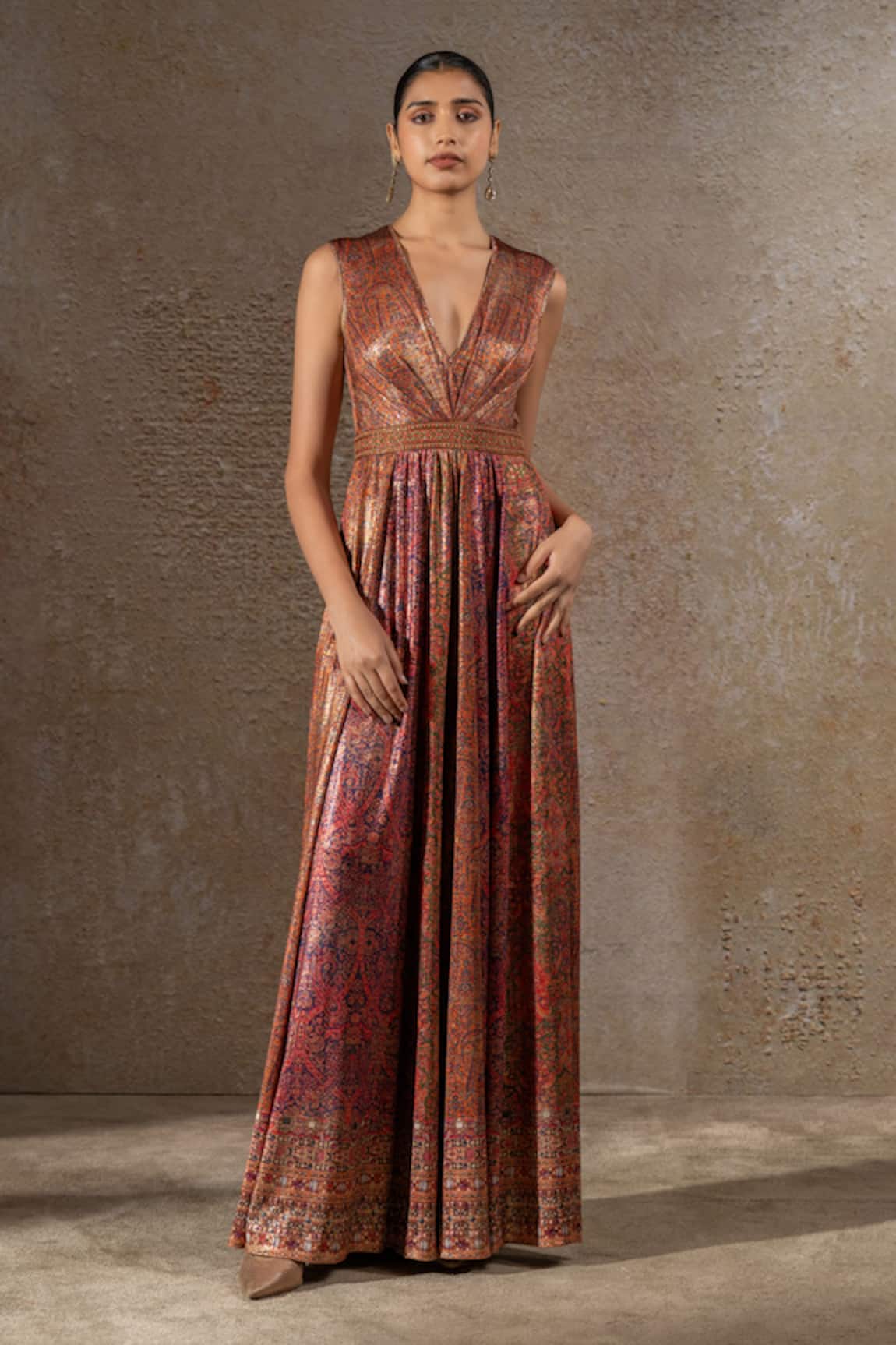 Tarun Tahiliani Foil Jersey Paisley Print Jumpsuit