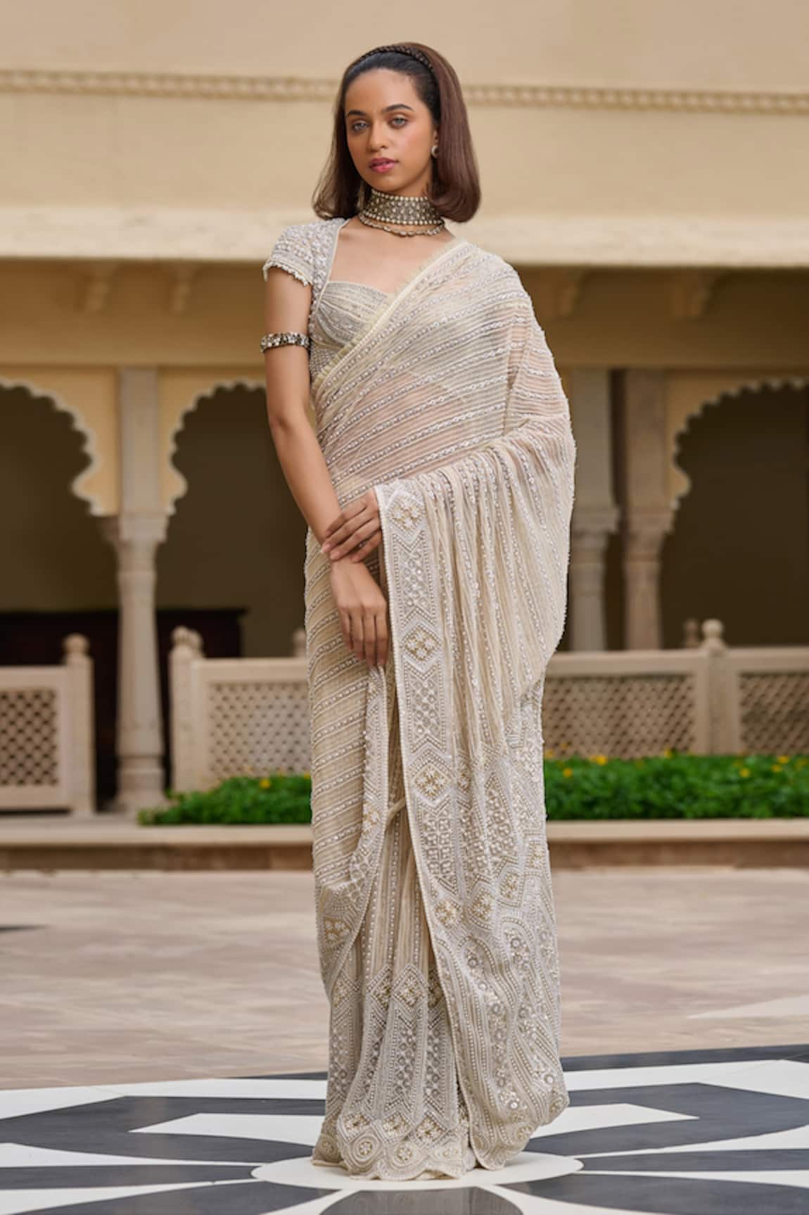 Tarun Tahiliani Pearl & Thread Embroidered Tulle Saree Set