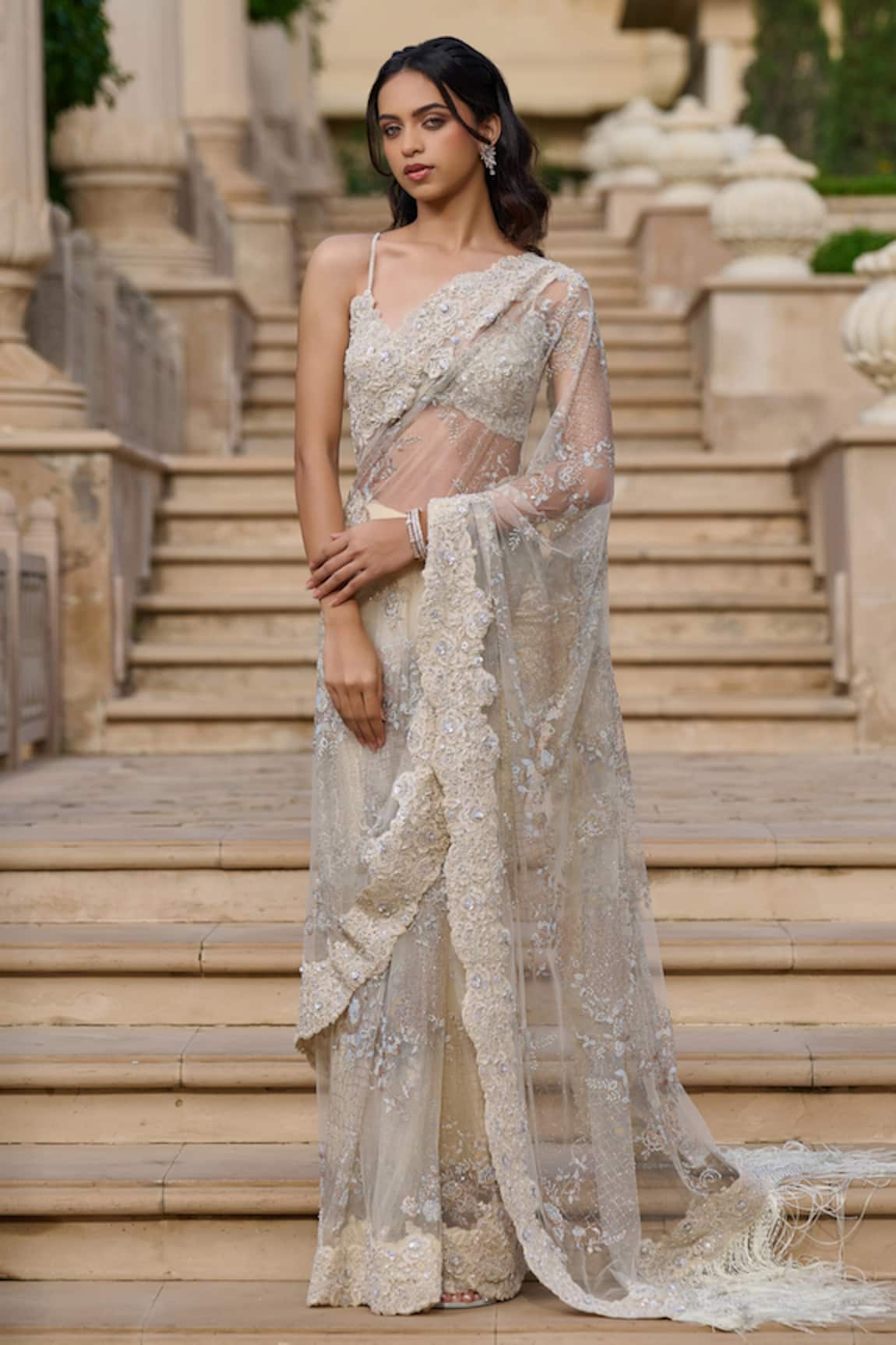 Tarun Tahiliani Embroidered Tulle & Lace Saree With Blouse