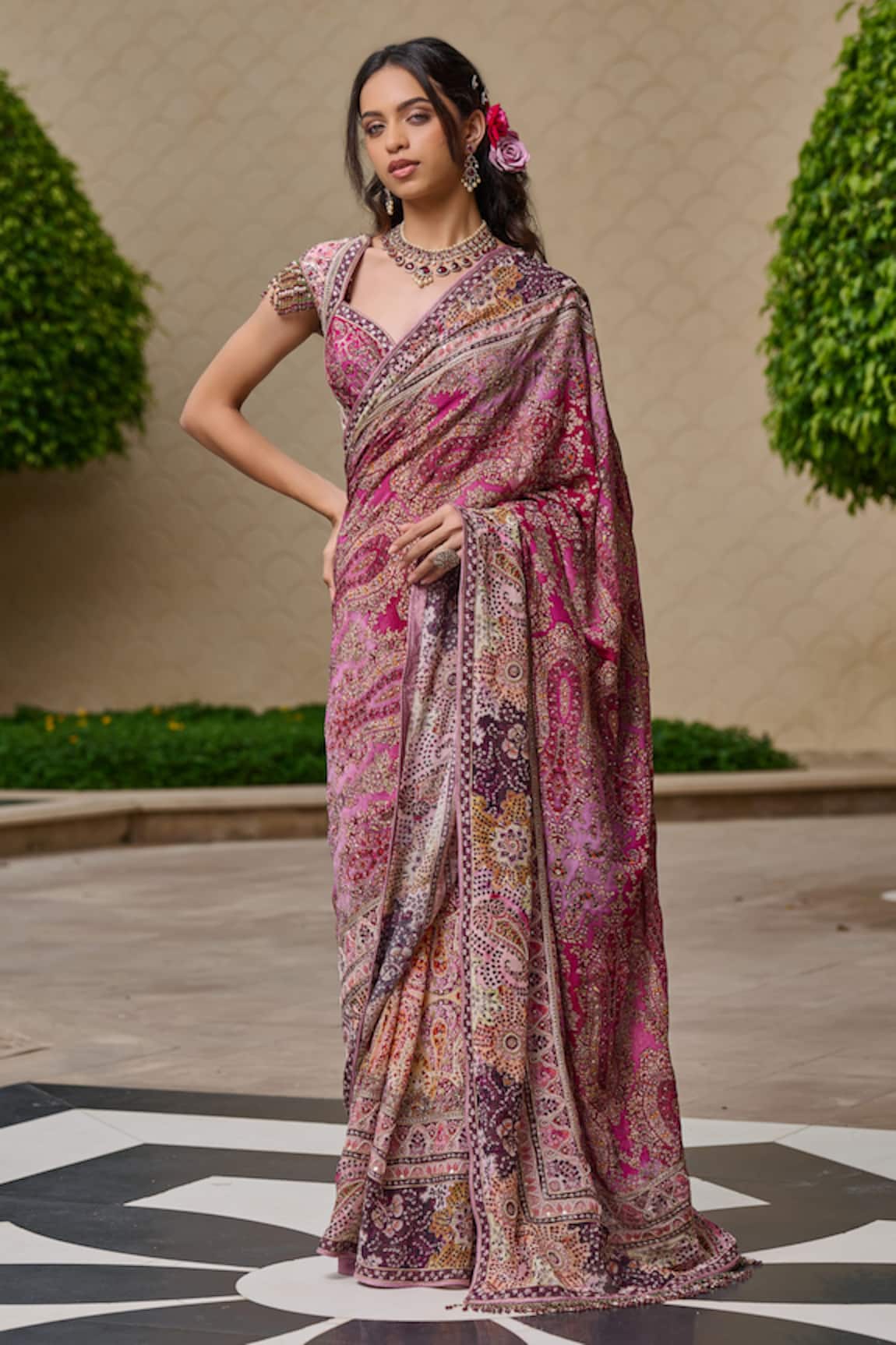 Tarun Tahiliani Kashida Embroidered Saree With Blouse 