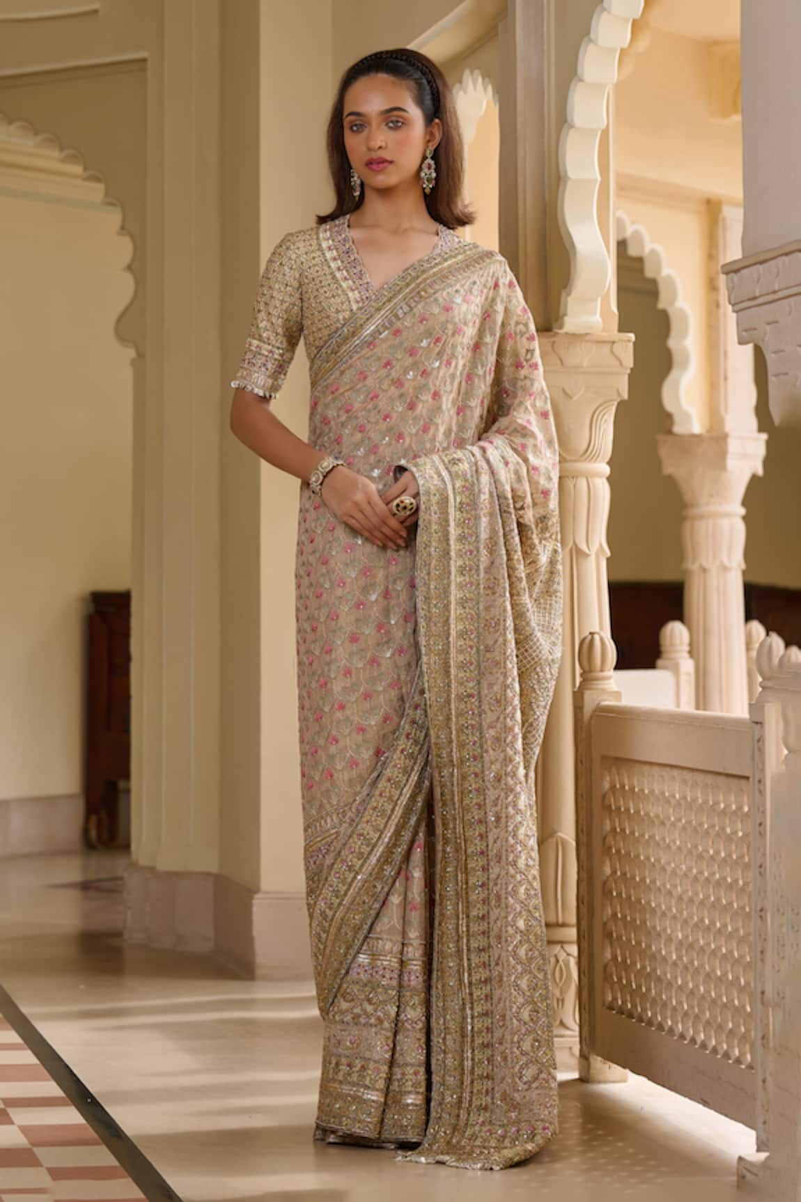 Tarun Tahiliani Kashida Embroidered Saree & Blouse Set