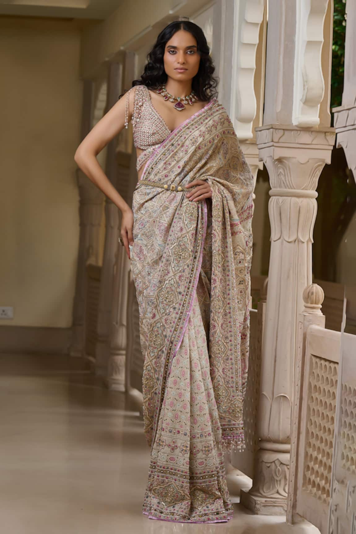 Tarun Tahiliani Kashida Embroidered Saree & Blouse Set