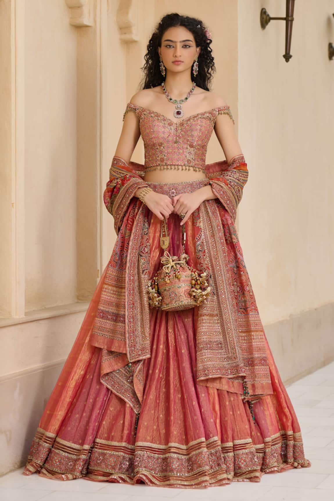 Tarun Tahiliani Kashida & Gota Embellished Crinkle Lehenga Set