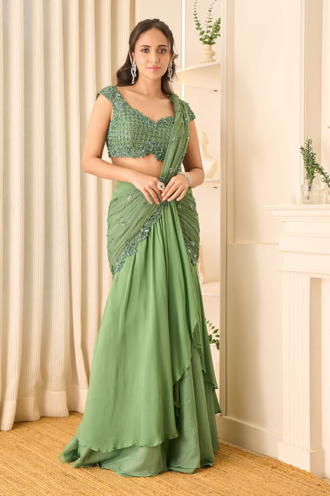 Richa Jaisinghani Label Stella Embellished Georgette Lehenga Saree & Blouse Set