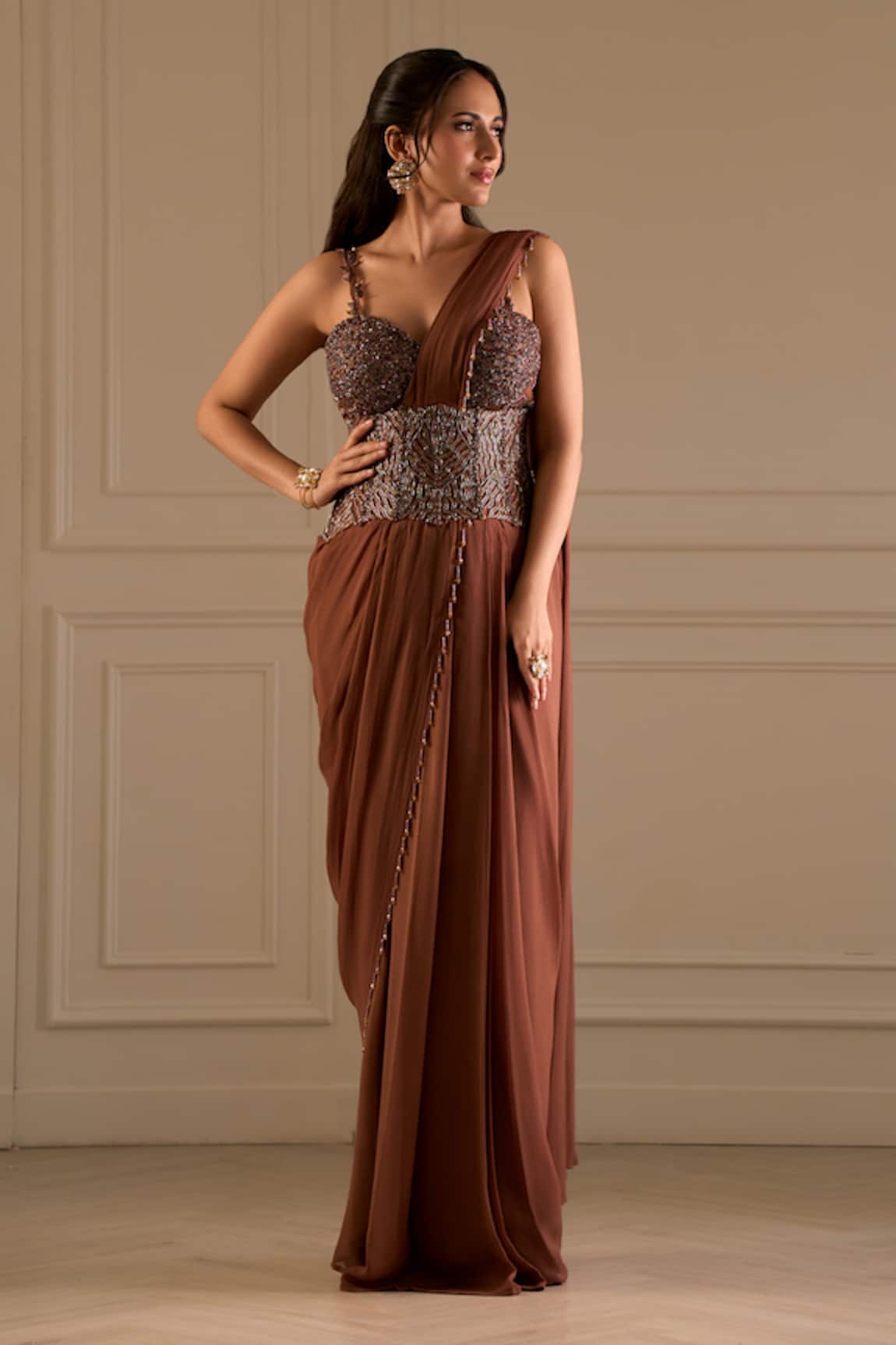 Richa Jaisinghani Label Umber Embellished Corset Blouse & Pre-Draped Saree Set
