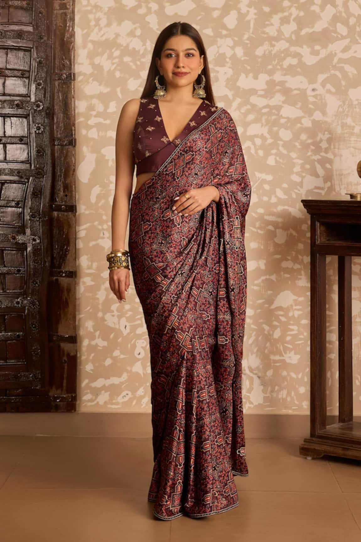 Akashi Clothing Ajrakh Print Saree With Embroidered Blouse 