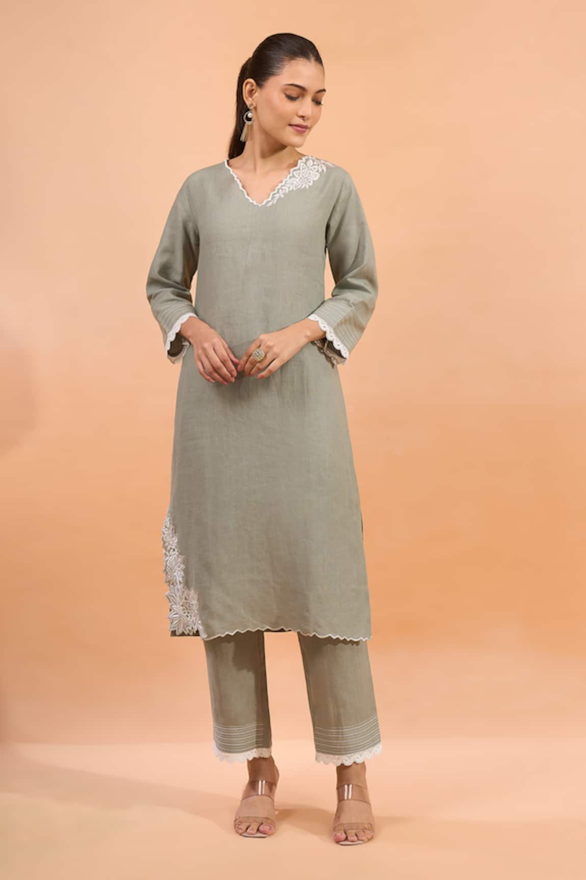 Naintara Bajaj Linen Embroidered V-Neck Kurta & Pant Set