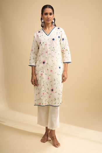 Khwaab By Sanjana Lakhani Floral Embroidered Linen Kurta & Pant Set 