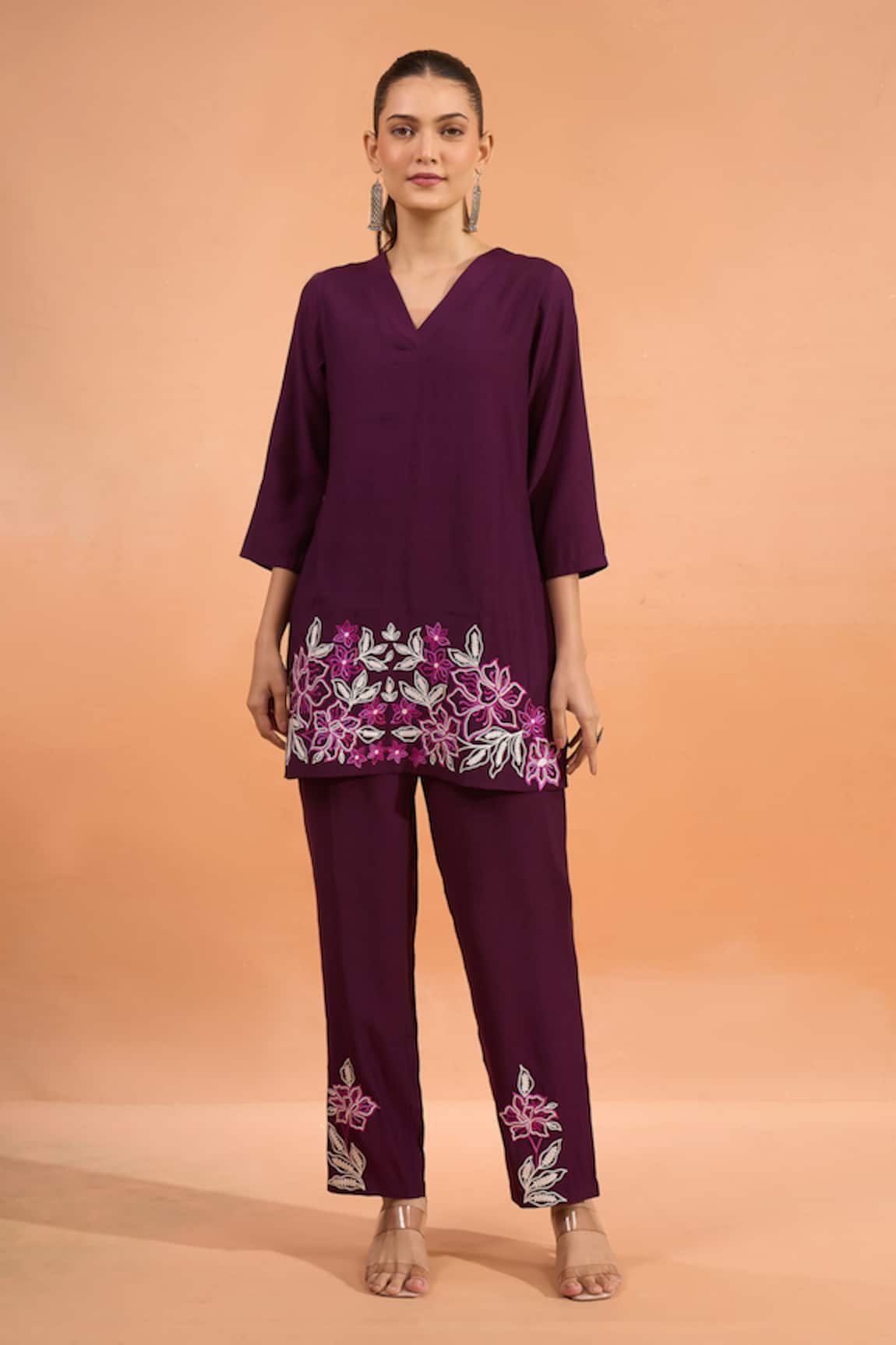 Naintara Bajaj Floral Embroidered V-Neck Kurta & Pant Set 