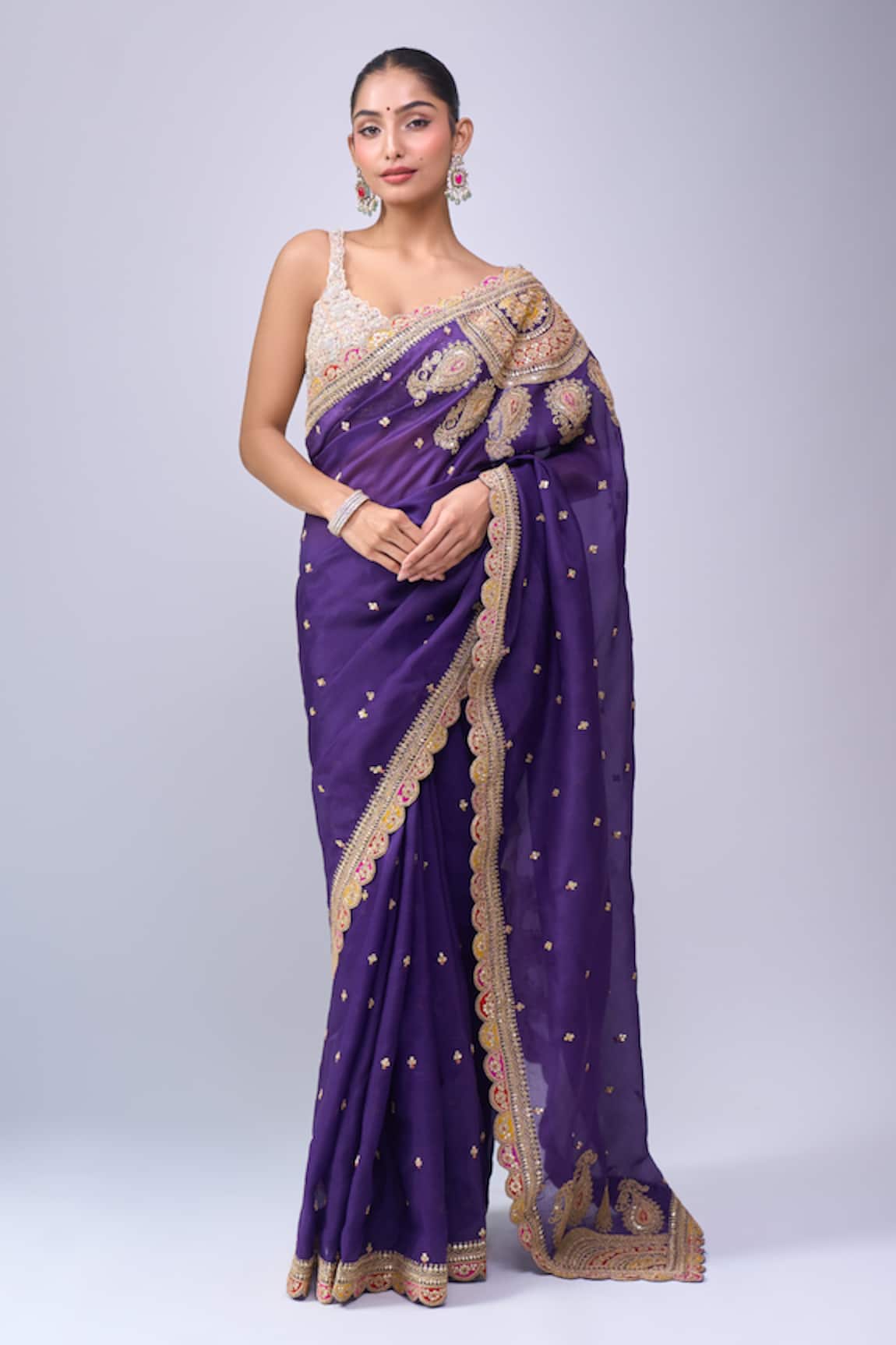 Azeera Purple Embroidered Saree With Unstitched Blouse Piece