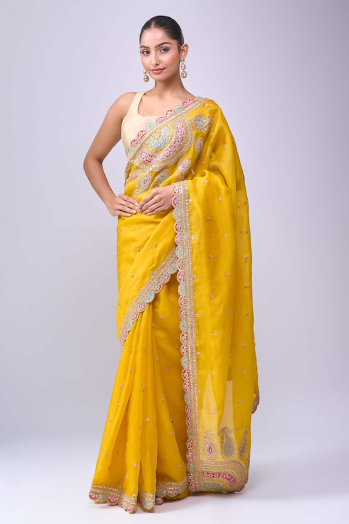 Azeera Mustard Embroidered Saree With Unstitched Blouse Piece
