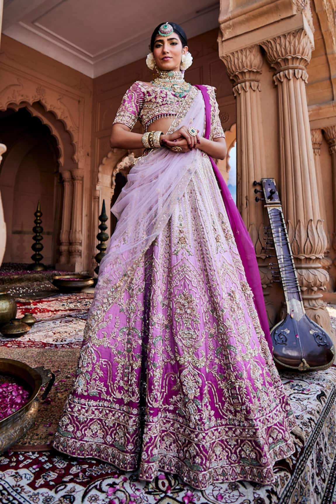 House of ayra Bubblegum Ombre Zardozi & Sequin Embroidered Lehenga Set