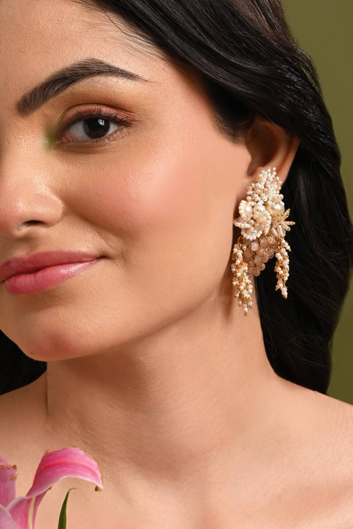 House Of D"Oro Magnolia Pearl & Stone Embellished Earrings 