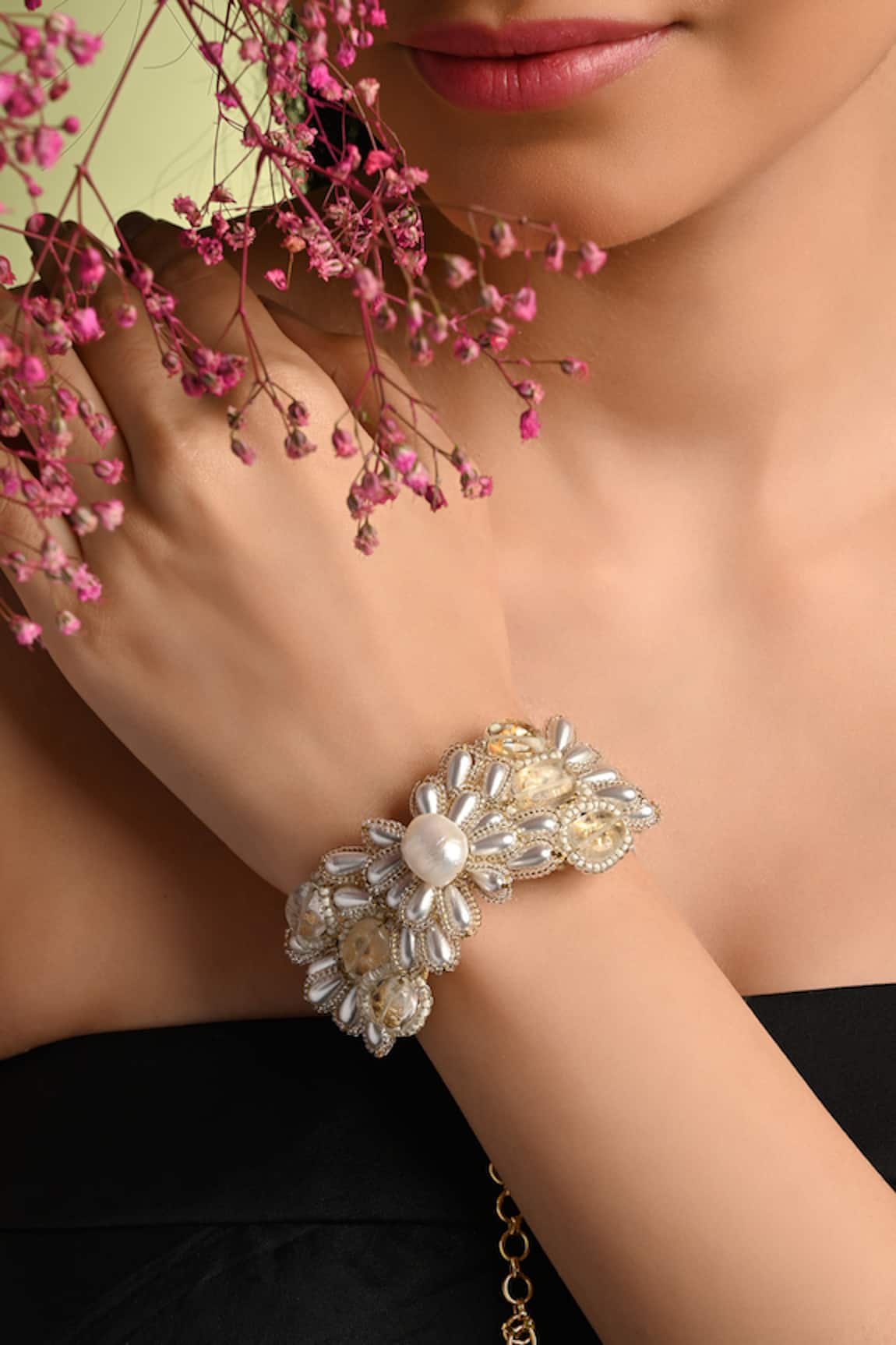 House Of D"Oro Serenebloom Pearl & Stone Studded Bracelet 