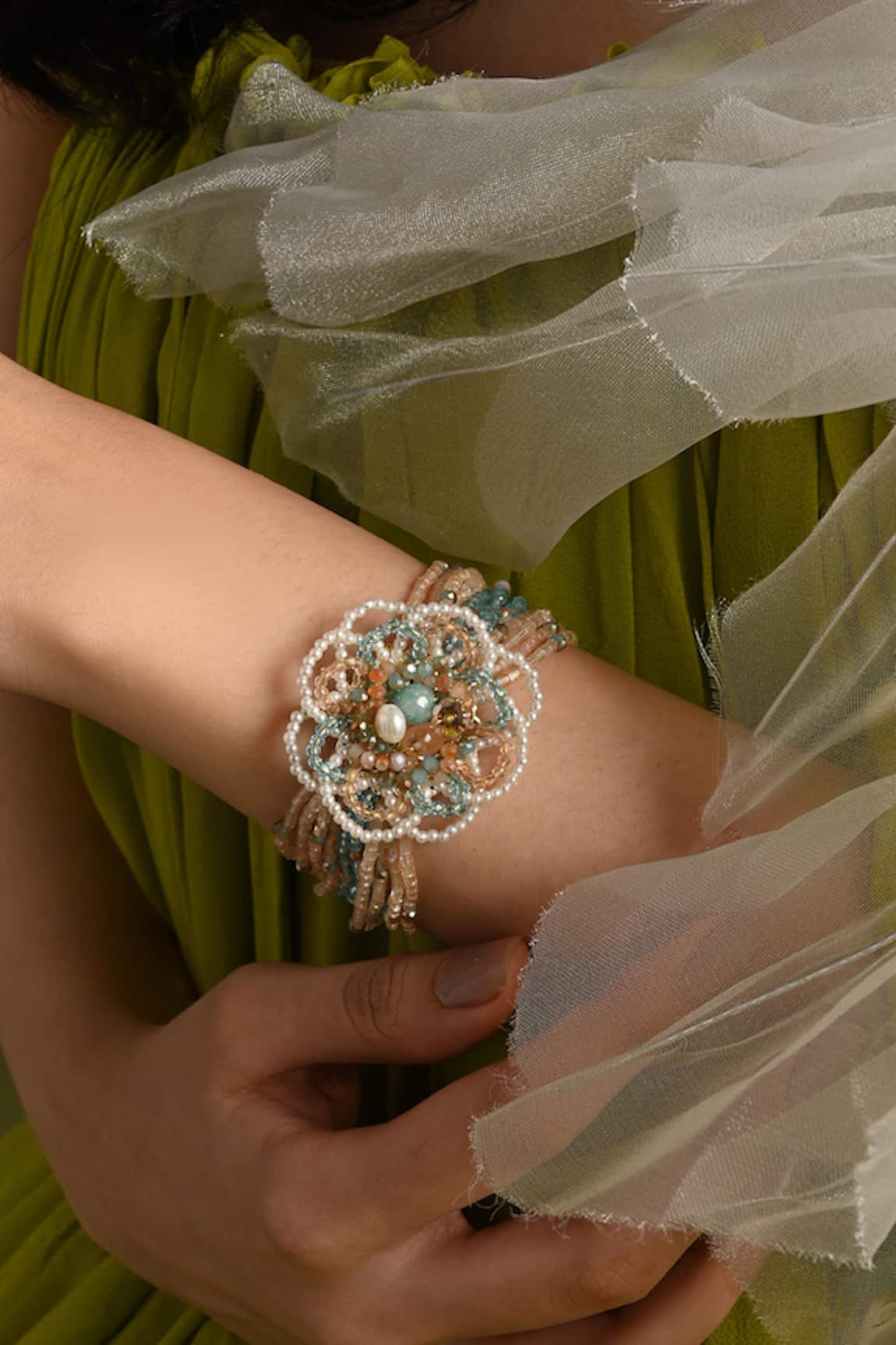 House Of D"Oro Aureaflora Beaded Floral Cuff Bracelet 