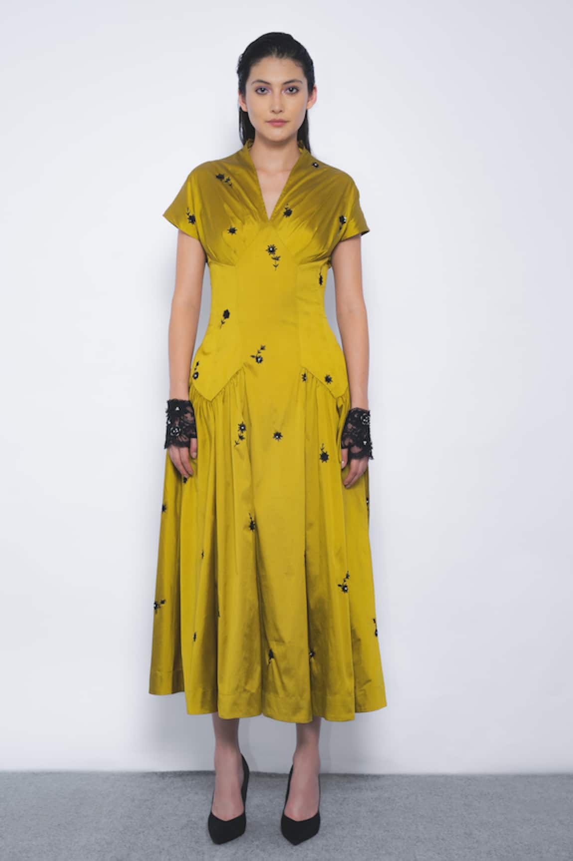 Leh Studios Oka Embroidered V-Neck Flared Midi Dress
