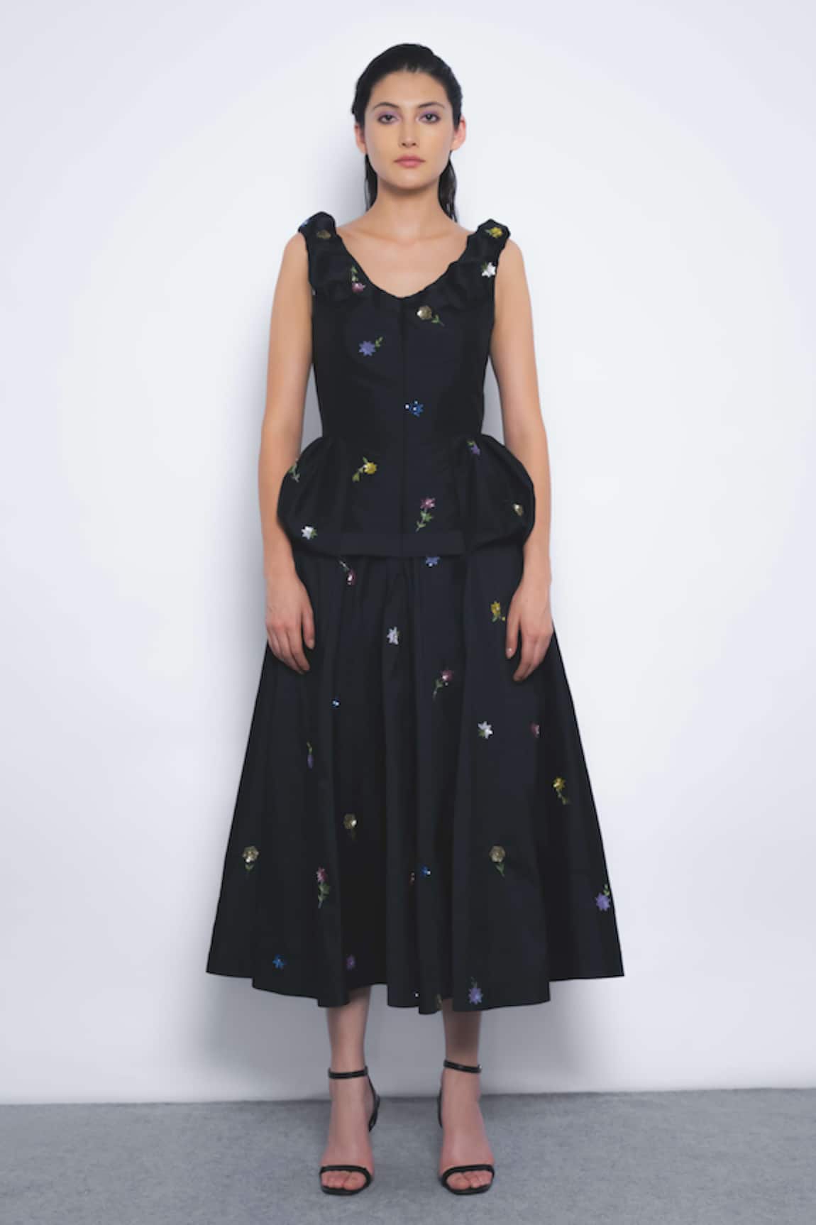 Leh Studios Koharu Floral Embroidered Ruffled Peplum Dress