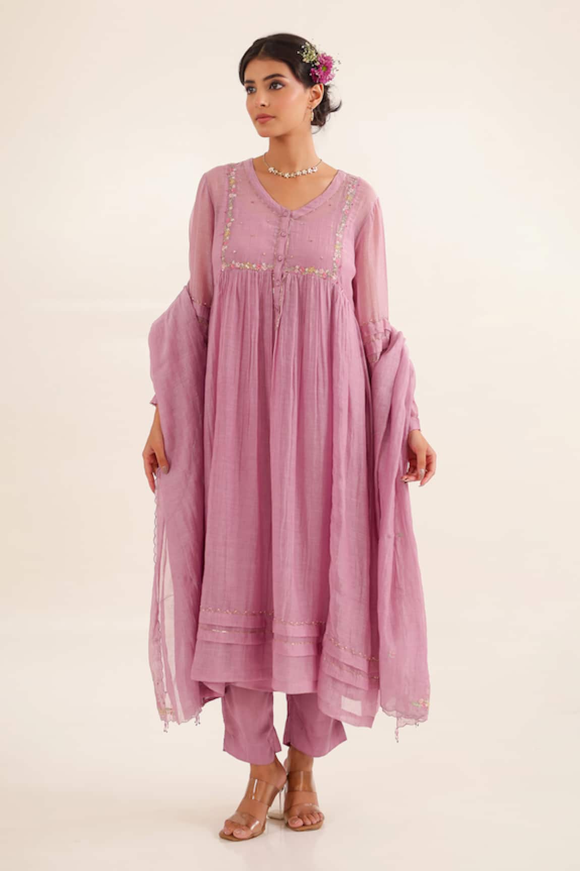 Tatwa Lilac Pleated Chanderi Embroidered Kurta Set 