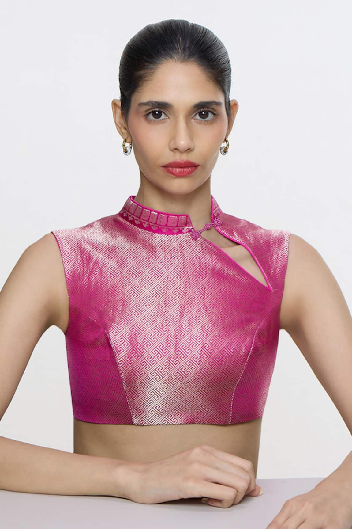 Ekaya Banaras Handwoven Hot Pink Satin Blouse
