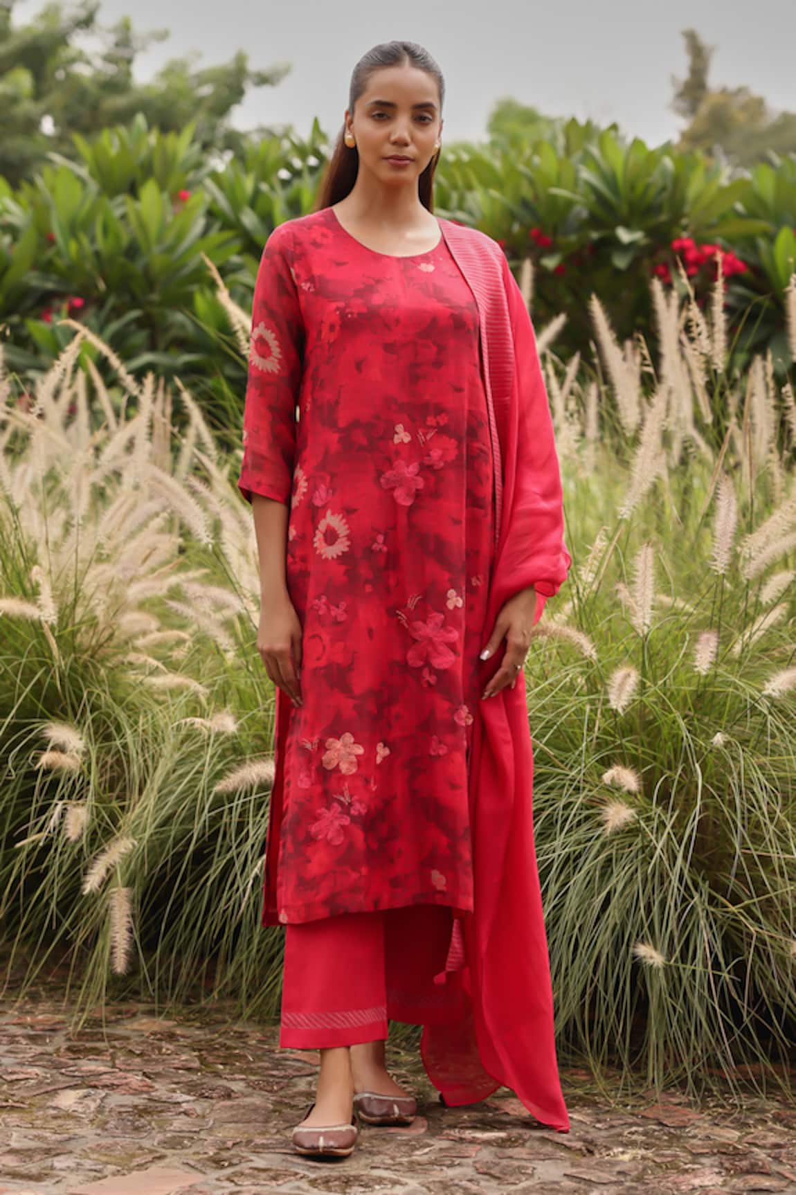 Vaayu Rosewood Bloom Embroidered Kurta Set