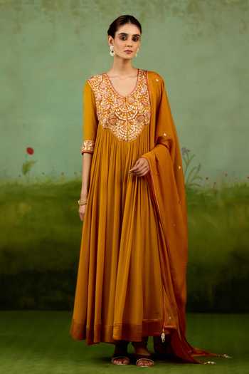 Shyam Narayan Prasad Mustard Yellow Embroidered Anarkali Set 
